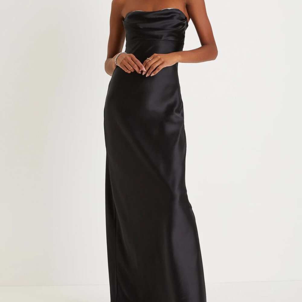 Black Satin Rhinestone Strapless Maxi Dress